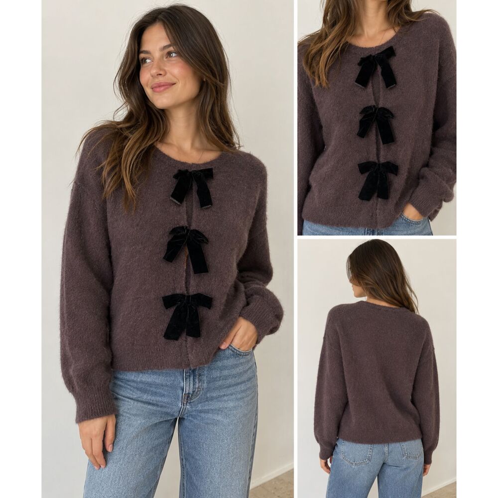 RACHEL ZOE Bow Front Crewneck Cardigan Brown Medium